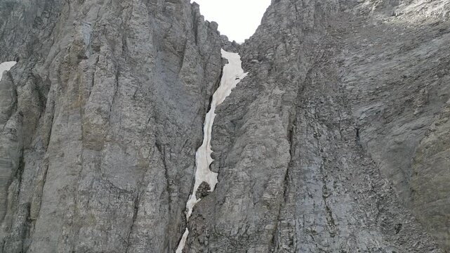 Drone Descending Above Snow Couloir Between Mytikas and Stefani, Mount Olympus