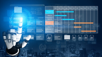 Obraz premium AI automating project scheduling and workflow tracking, optimizing business efficiency and coordination through data-driven dashboards Parse