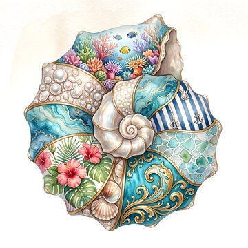 Seashell artwork featuring tropical ocean coral and nautical design elements