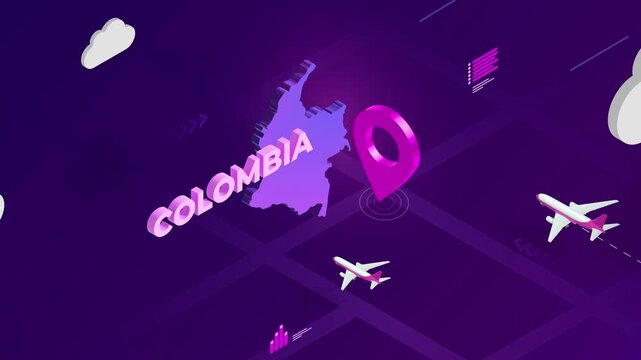 Isometric Design, Colombia Map Silhouette Location Pin and Airplanes on Purple Animation, Travel Background