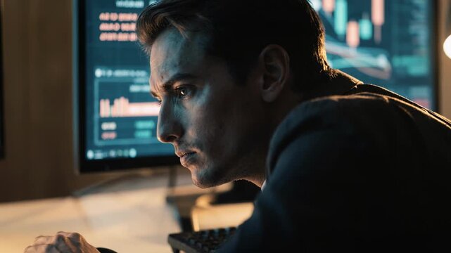 Closeup medium shot of a cybersecurity control operator scrutinizing trading network security graphs surrounded by softly obscured realtime alert messages and controls.