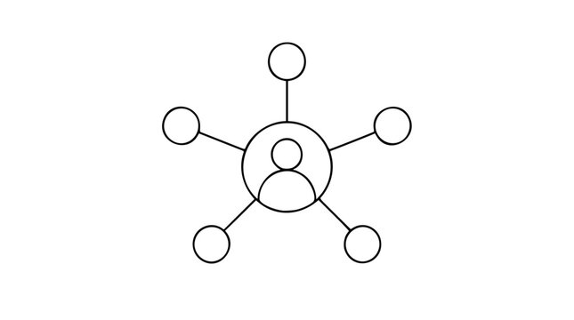 Person connected to multiple network nodes - minimalist hand-drawn line vector icon and outline illustration for professional networking, social connections, and team collaboration