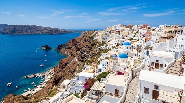 Whitewashed cliffside village with blue domed churches above a turquoise caldera bay, ideal for Mediterranean travel campaigns and luxury vacation promotions.