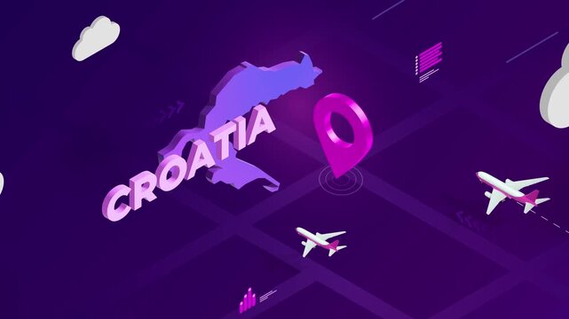 Isometric Design, Croatia Map Silhouette Location Pin and Airplanes on Purple Animation, Travel Background