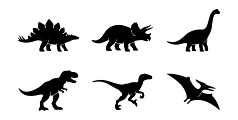 Dinosaur silhouette vector set of 6 prehistoric animals, black t-rex and triceratops icons, jurassic wildlife silhouettes for educational design © Md