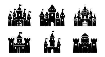 Fototapeta premium Medieval castle silhouette icons, set of 6 fairytale fortress vector illustrations, black royal palace and kingdom stronghold symbols for gaming and maps