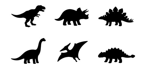 Dinosaur silhouette collection with 6 prehistoric animal icons, black dinosaur vector shapes including T-Rex and Triceratops, ancient reptile silhouettes © Md