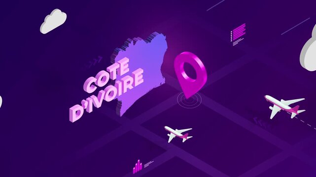 Isometric Design, Cote D'ivoire Map Silhouette Location Pin and Airplanes on Purple Animation, Travel Background