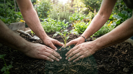 Close-up of two people's hands carefully planting a young green sprout in fertile soil, working together in a sunny community vegetable garden. © bruno