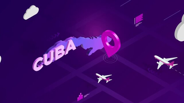 Isometric Design, Cuba Map Silhouette Location Pin and Airplanes on Purple Animation, Travel Background