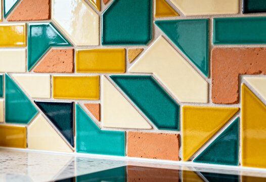 Close-up of a geometric tile backsplash with teal, yellow, and terracotta shapes. Modern interior design with colorful mosaic pattern. Ceramic and terracotta wall tiles for kitchen or bathroom