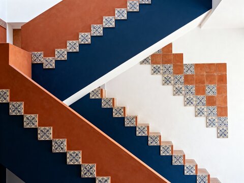 Modern staircase with terracotta and navy blue color blocking. Traditional patterned tiles on steps and white wall. Geometric interior design and architectural detail