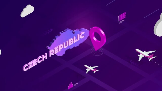 Isometric Design, Czech Republic Map Silhouette Location Pin and Airplanes on Purple Animation, Travel Background