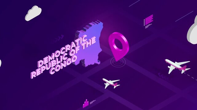 Isometric Design, Democratic Republic of The Congo Map Silhouette Location Pin and Airplanes on Purple Animation, Travel Background