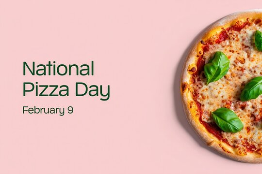 National Pizza Day February 9 banner. Top view of Margherita pizza with fresh basil on a pink background. Graphic design for food holiday. Italian cuisine promotion for social media