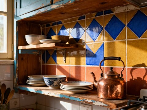 Rustic kitchen shelf with copper kettle and ceramic bowls. Traditional farmhouse interior with patterned tiles and natural sunlight. Vintage kitchenware on weathered wooden shelves