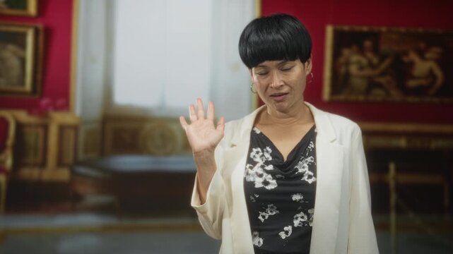 Woman raises right hand beside framed paintings while wearing a white jacket and floral blouse, standing by a rope barrier inside a museum building; quiet curiosity.