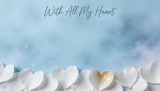 White heart petals on a light blue background with gold glitter accent. With All My Heart text in script font. Romantic greeting card or banner for Valentine's Day. Flat lay with copy space