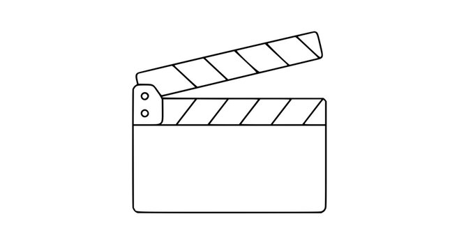 Minimalist vector icon of film clapper board for movie production, clean line art illustration of cinema slate tool for video filming and movie industry design projects, scalable outline graphic