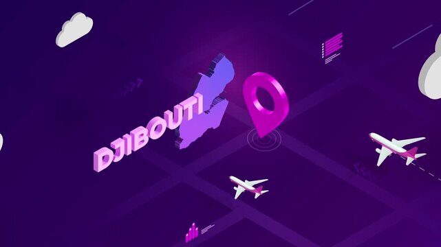 Isometric Design, Djibouti Map Silhouette Location Pin and Airplanes on Purple Animation, Travel Background
