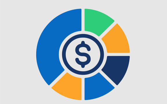 A flat vector pie chart icon with a dollar symbol for financial and business data analysis.