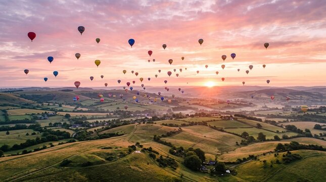 Colorful hot air balloons drift over rolling farmland at sunrise, creating a serene countryside panorama for travel promotions and adventure tourism campaigns.