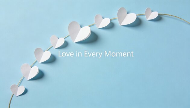 White paper hearts on a gold string over a blue background. Minimalist Valentine's Day garland with Love in Every Moment text. Romantic greeting card design with copy space