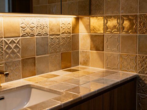 Close up of decorative bathroom tiles with floral and geometric patterns. Luxury vanity with gold backsplash and white sink. Modern interior design concept