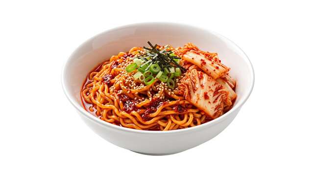 Spicy Korean instant noodles with kimchi and fresh scallions sprinkled with sesame seeds served in white bowl meal.