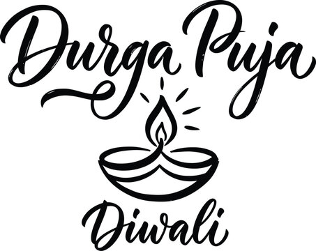 Black and white calligraphy design for durga puja and diwali festival celebration with a traditional oil lamp