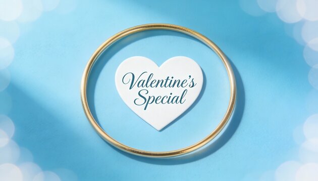 Valentine's Special message on a white heart inside a gold ring. Romantic flat lay on a blue background with bokeh lights. Holiday greeting card or promotional banner