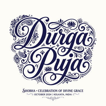 Elegant hand lettered durga puja typography design with intricate floral ornaments for hindu festival celebration
