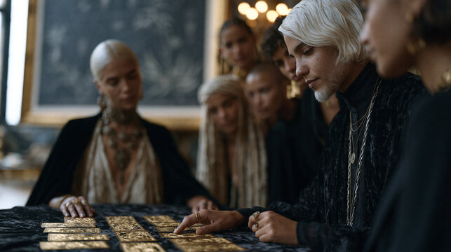 A tarot reader seated at a velvet-draped table in a luxury interior salon, a multicultural group of curious onlookers leaning in as gilded card spreads are revealed, a large