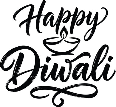 Happy diwali hand lettering calligraphy design with a traditional oil lamp illustration for festival greeting cards