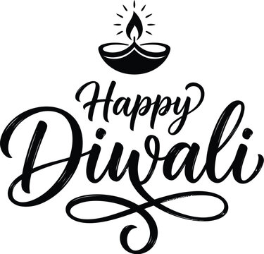 Happy diwali greeting card design with elegant black calligraphy lettering and a traditional oil lamp illustration