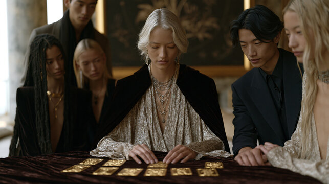 A tarot reader seated at a velvet-draped table in a luxury interior salon, a multicultural group of curious onlookers leaning in as gilded card spreads are revealed, a large