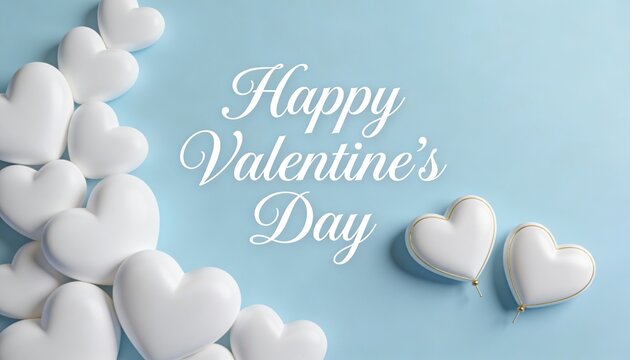 Happy Valentine's Day greeting on a light blue background. White 3D hearts with gold accents. Minimalist holiday banner and card design. Copy space for text