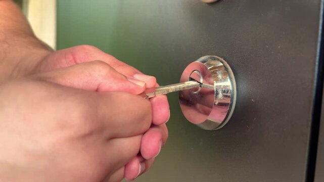 Trying to open a jammed lock on an entrance door - hands, keyhole, keys close-up. The intruder tries to open the door and cannot get inside the house.