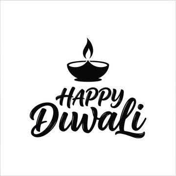 Minimalist black and white happy diwali greeting card design with a traditional oil lamp diya illustration