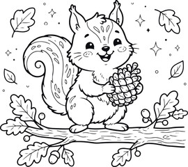 Fototapeta premium Cute cartoon squirrel holding an acorn sitting on a tree branch surrounded by falling autumn leaves for coloring