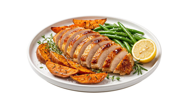 Sliced roasted chicken breast on white plate with lemon green beans and baked potato wedges isolated on transparent image canvas.