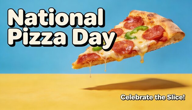 National Pizza Day graphic with a floating pepperoni pizza slice. Melted cheese dripping from a slice with green peppers. Creative food advertisement on blue and yellow background