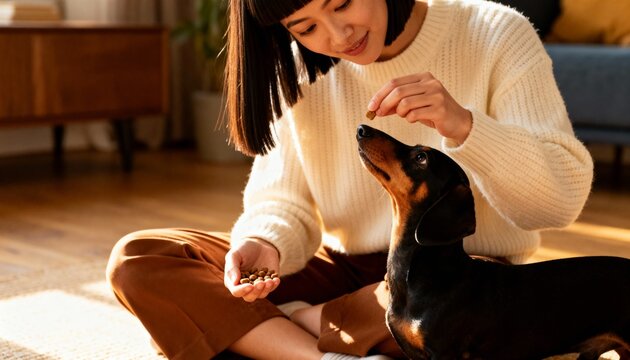 Young Asian woman feeding a dachshund dog at home. Pet owner giving a treat to her puppy on the floor. Training and companionship concept. Warm sunlight in living room
