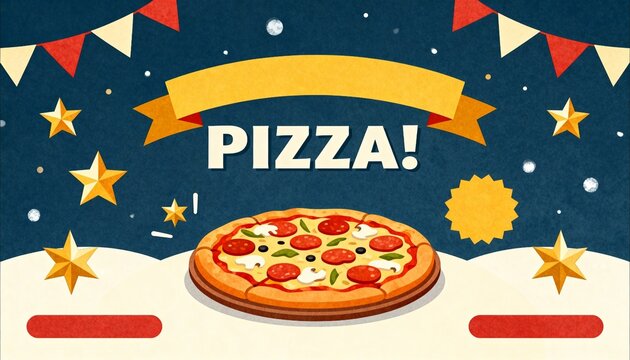 Pizza party illustration with festive decorations. Graphic poster with pepperoni pizza, stars, and bunting on a blue background. Food promotion banner template with copy space