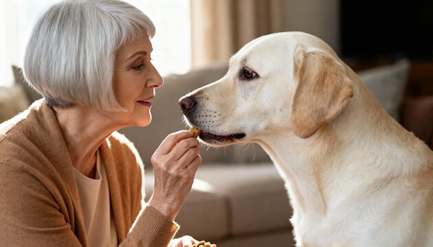 Senior woman feeding a treat to her yellow Labrador Retriever. Elderly lady bonding with her pet dog at home. Close up of companionship and animal care