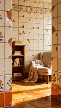 Cozy reading nook with armchair and bookshelf. Vertical photo of a vintage interior with distressed tiled walls and terracotta floor. Rustic home decor and relaxation concept