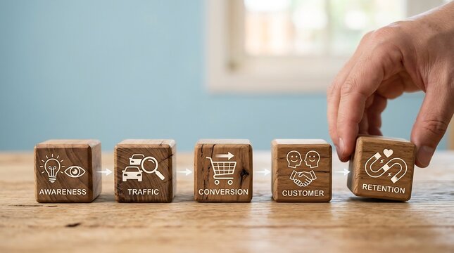 Hand placing a wooden cube labeled retention in a sequence of marketing funnel steps on a wooden table