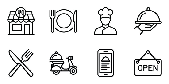 Restaurant and food delivery service linear icon set with restaurant delivery ordering business takeaway
