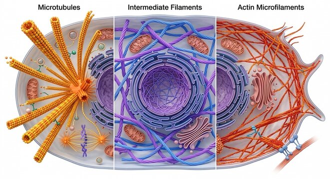 Ultra Detailed 3D Scientific Illustration Comparing Microtubules Actin Microfilaments and Intermediate Filaments Showing Cytoskeleton Structure Cellular Support Transport and Motility