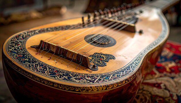 Closeup of an ancient stringed musical instrument's ornate neck and body